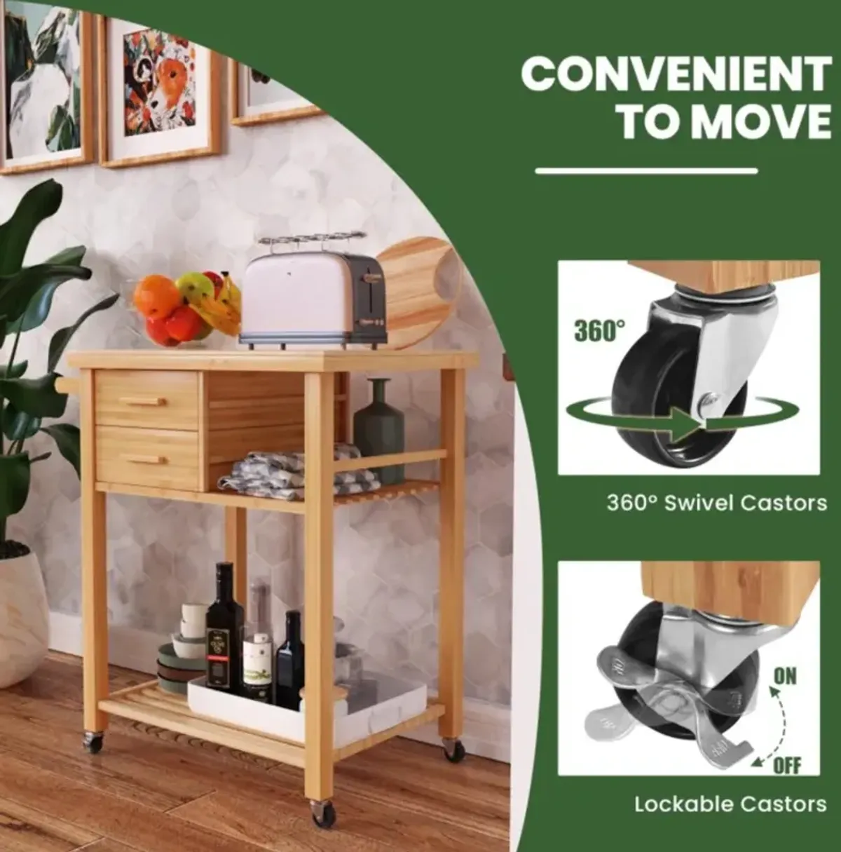 Hivvago Bamboo Kitchen Trolley Cart with Tower Rack and Drawers