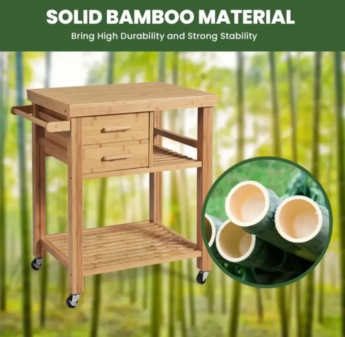 Hivvago Bamboo Kitchen Trolley Cart with Tower Rack and Drawers