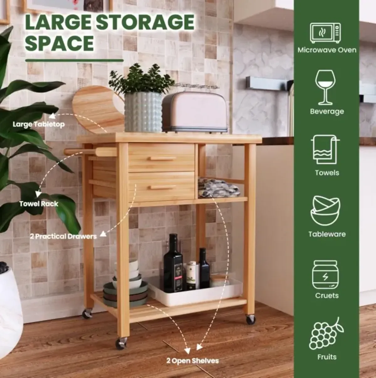 Hivvago Bamboo Kitchen Trolley Cart with Tower Rack and Drawers