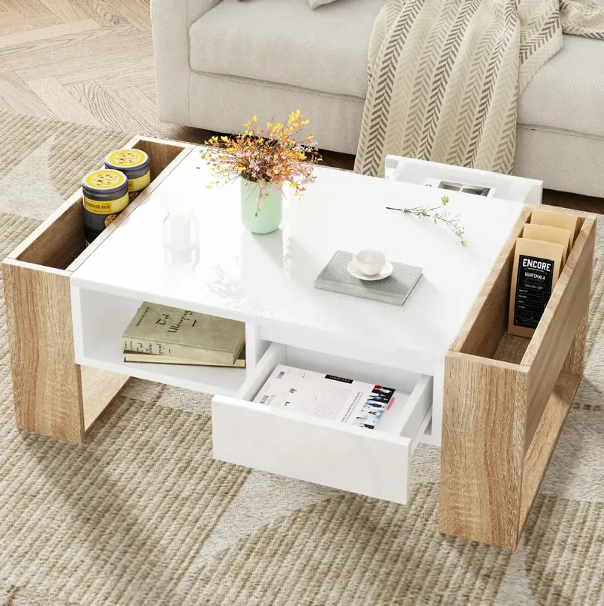 Merax High Glossy Coffee Table with 2 Drawers
