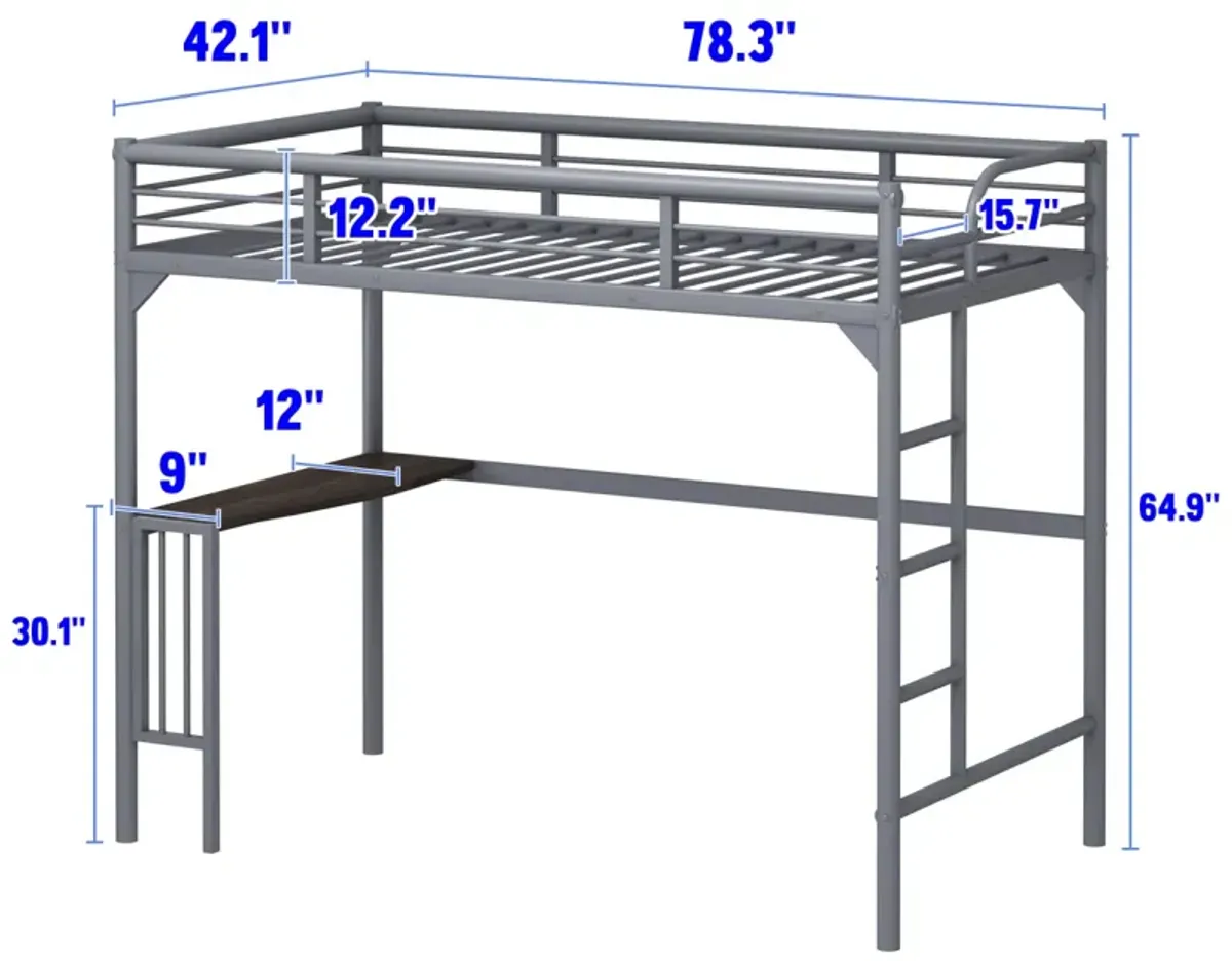 Twin Metal Loft Bed With Desk, Ladder And Guardrails, Bookdesk Under Bed