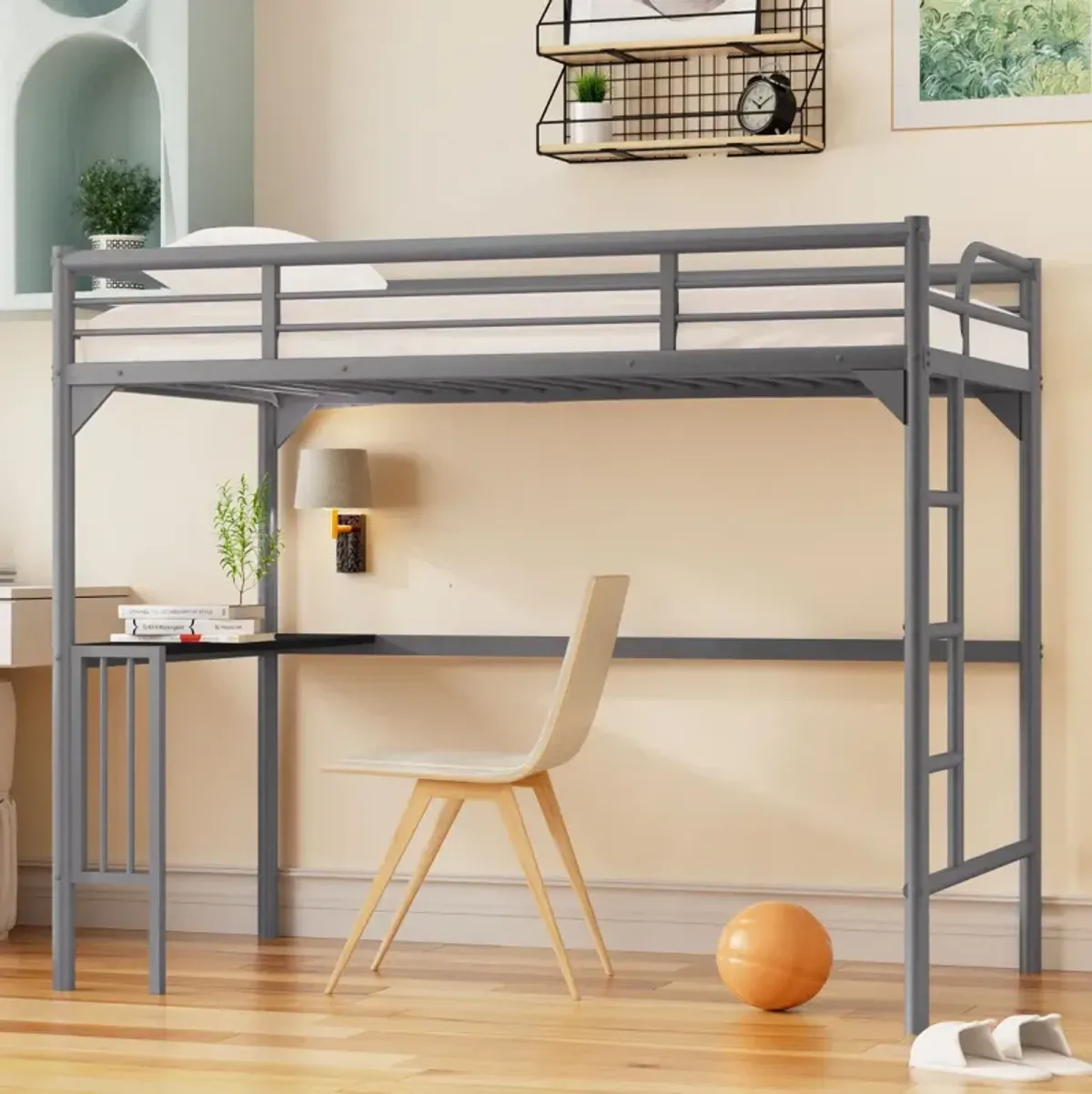 Twin Metal Loft Bed With Desk, Ladder And Guardrails, Bookdesk Under Bed