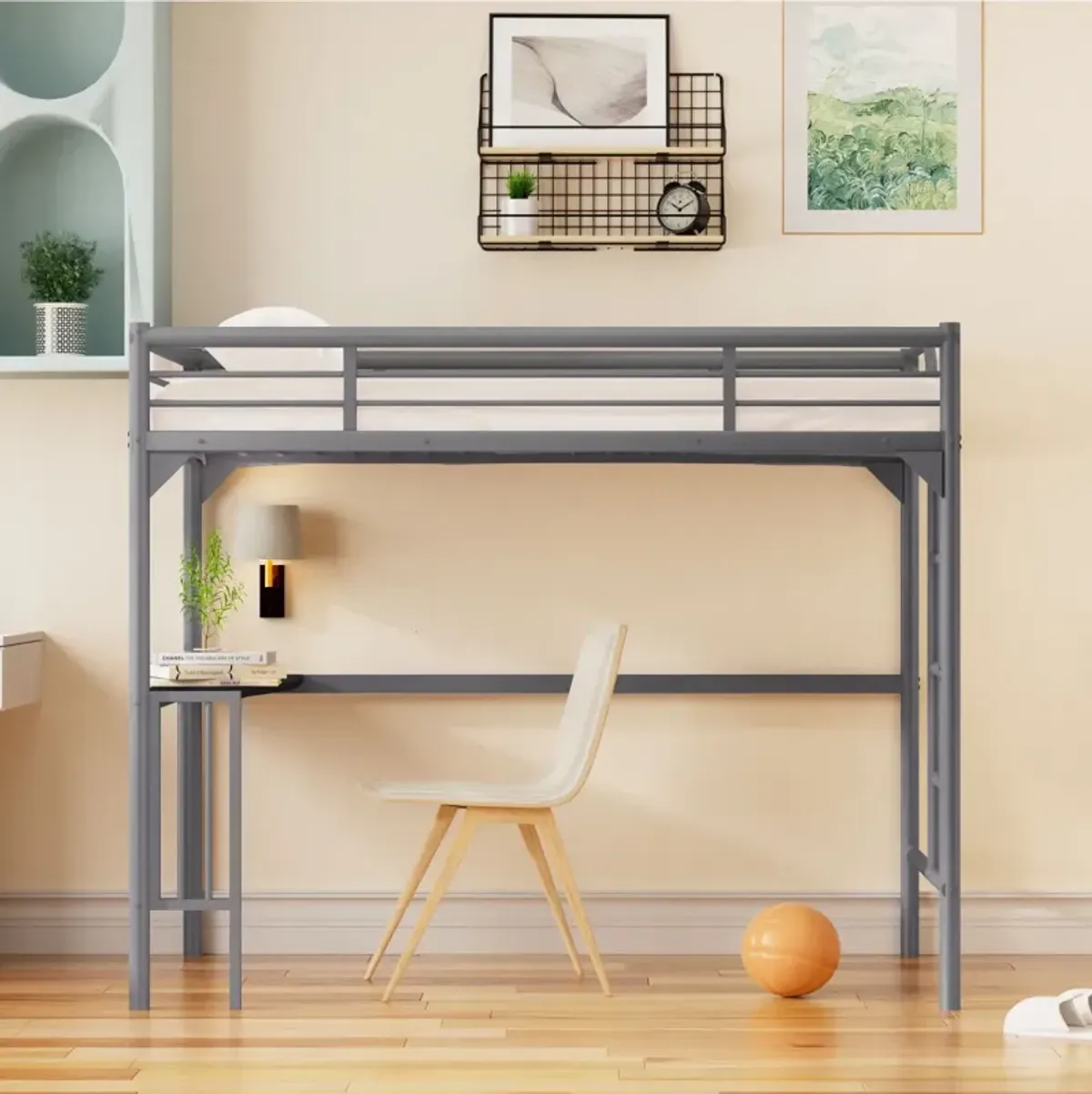 Twin Metal Loft Bed With Desk, Ladder And Guardrails, Bookdesk Under Bed