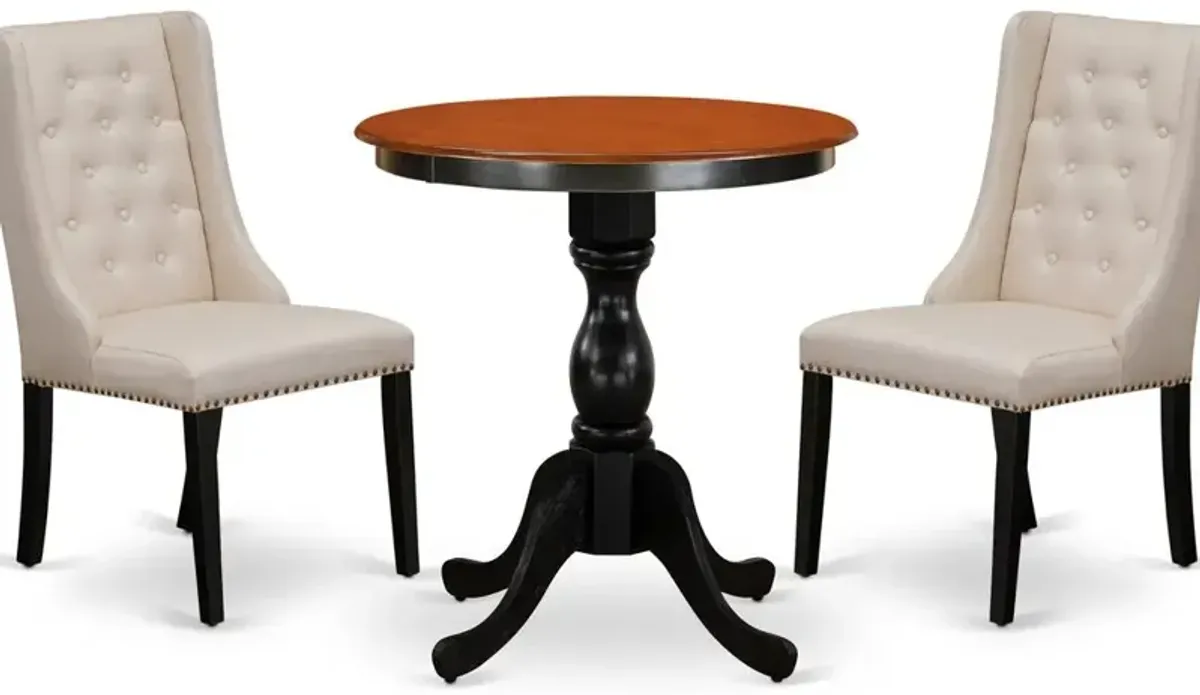 East West Furniture 3-Piece Mid Century Dining Set Consist of Dining Table and 2 Cream Linen Fabric Parson Chairs with Button Tufted Back - Black Finish