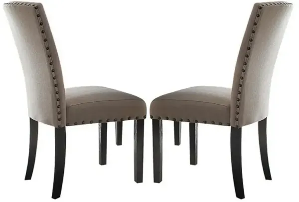 Nailhead Trim Fabric Upholstered Wooden Side Chair, Set of 2, Beige and Brown-Benzara