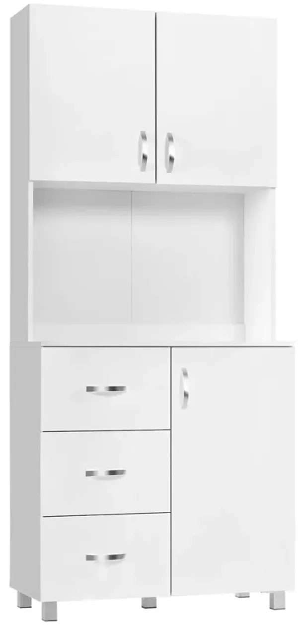 White Kitchen Organizer: Freestanding Hutch Cabinet with Doors and Drawers