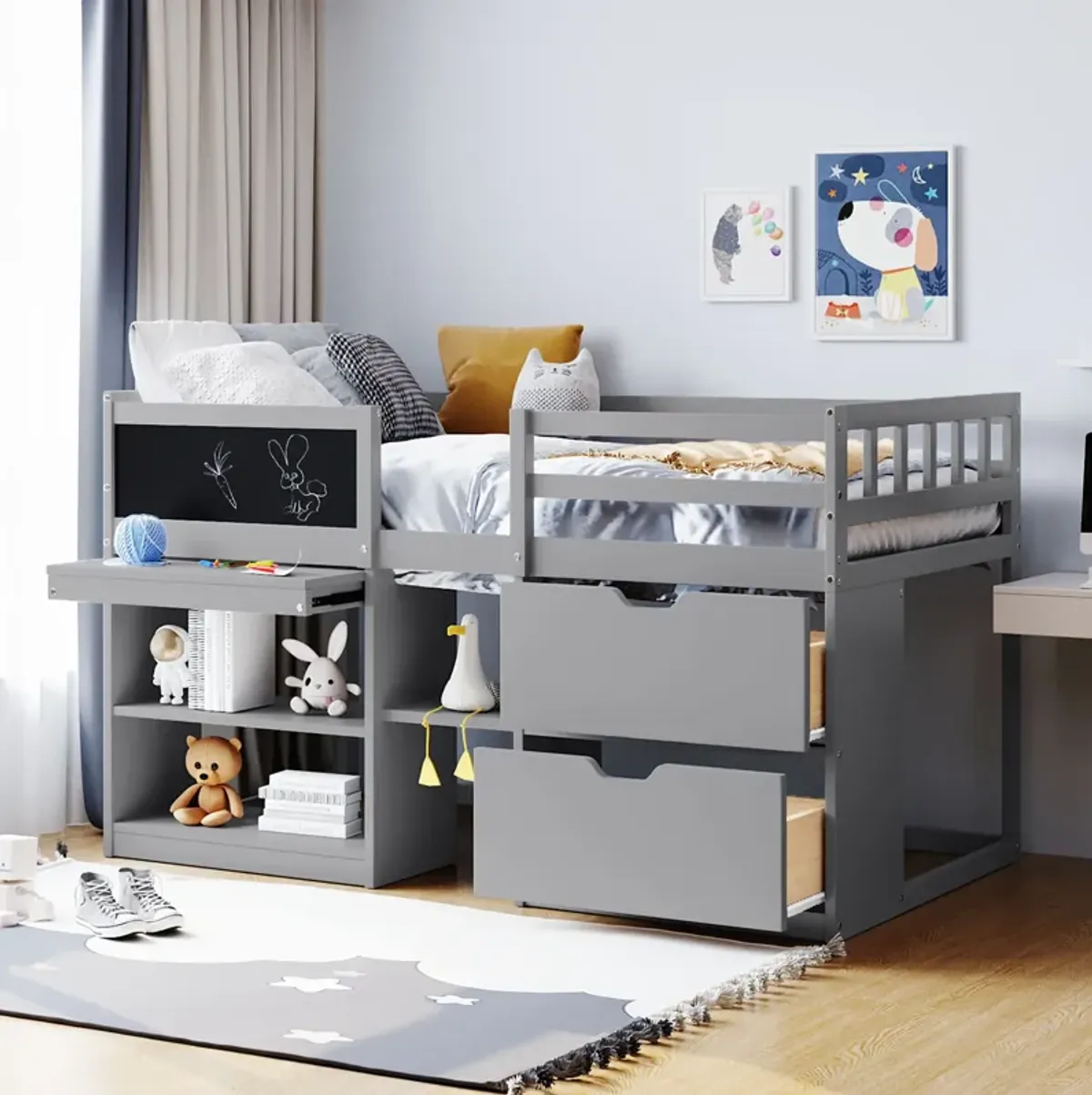 Merax Low Loft Bed with Rolling Desk and Drawers