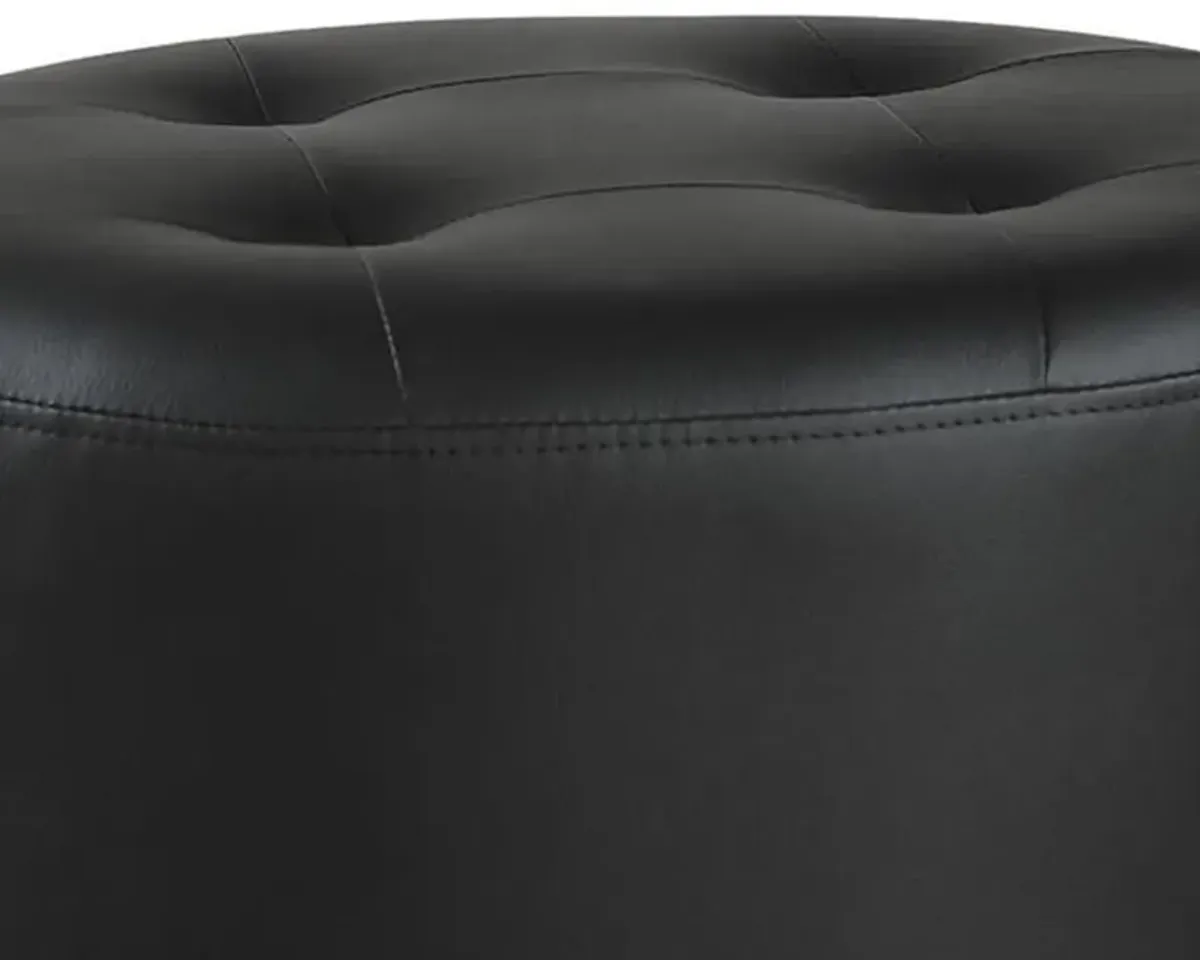 Round Leatherette Swivel Ottoman with Tufted Seat, Black-Benzara