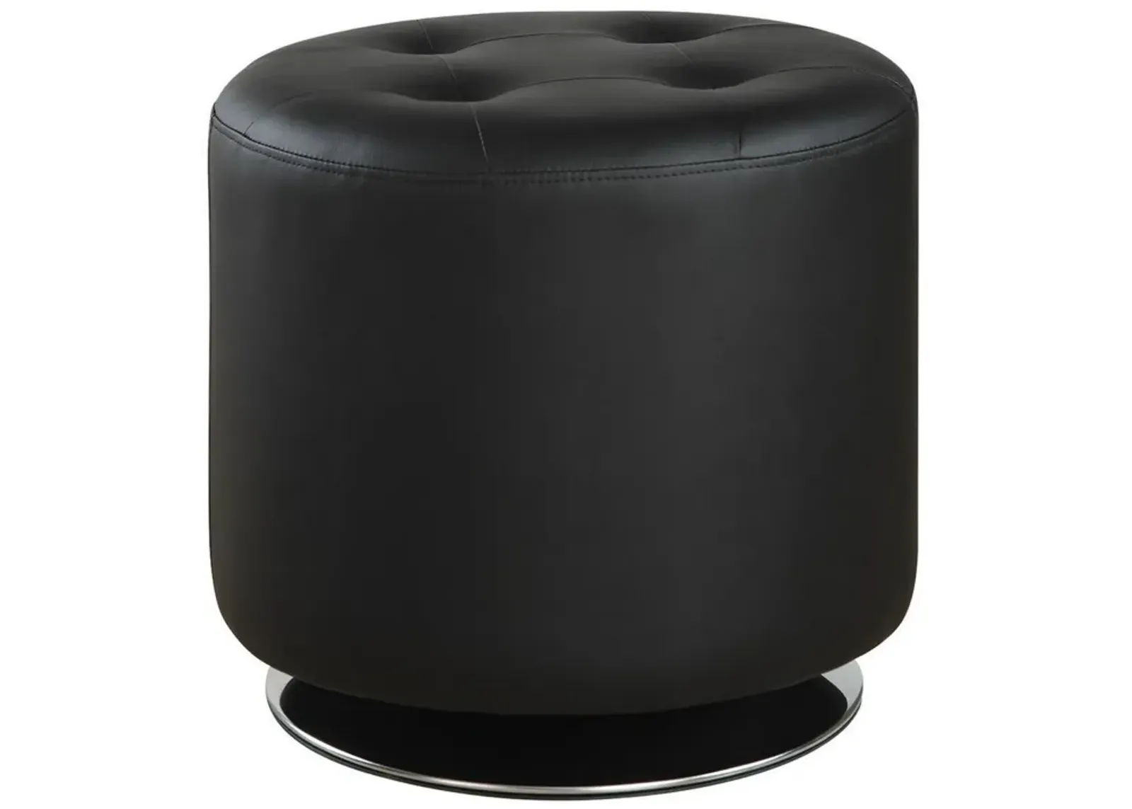 Round Leatherette Swivel Ottoman with Tufted Seat, Black-Benzara