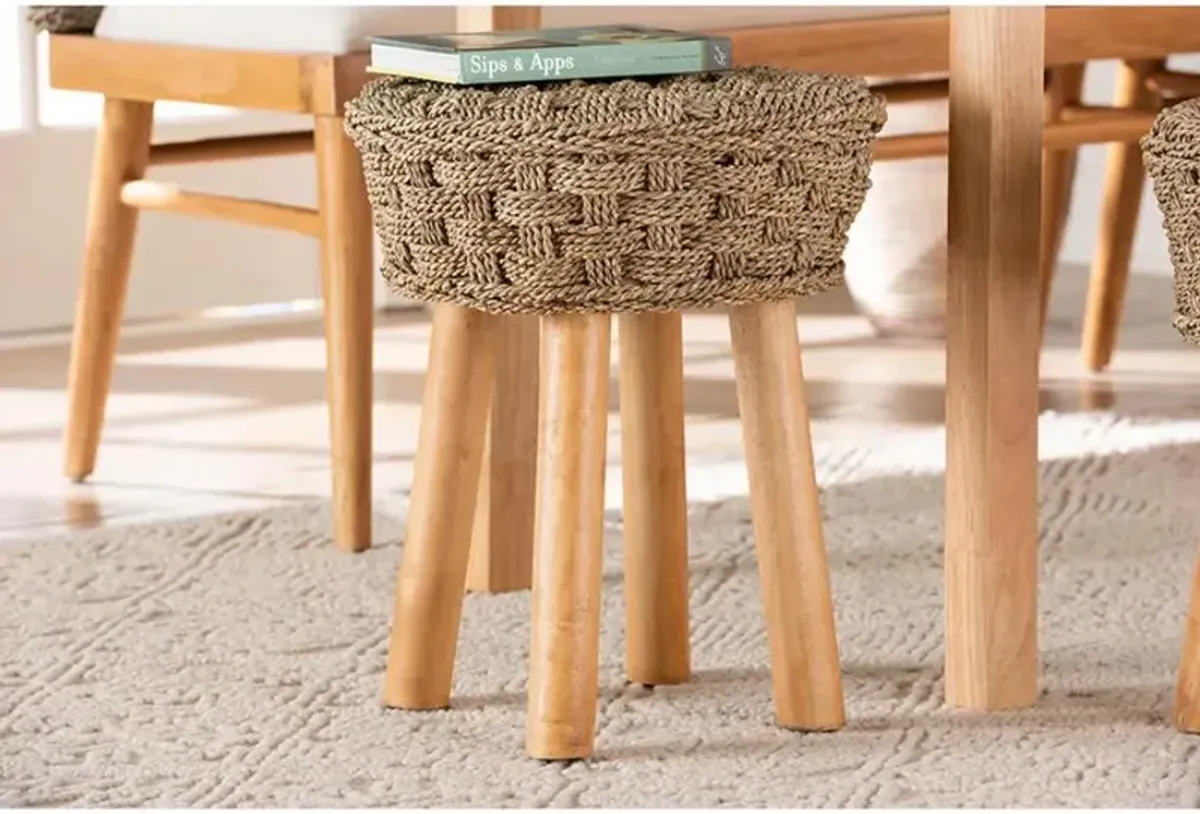 Denver Modern Bohemian Natural Seagrass and Acacia Wood Stool