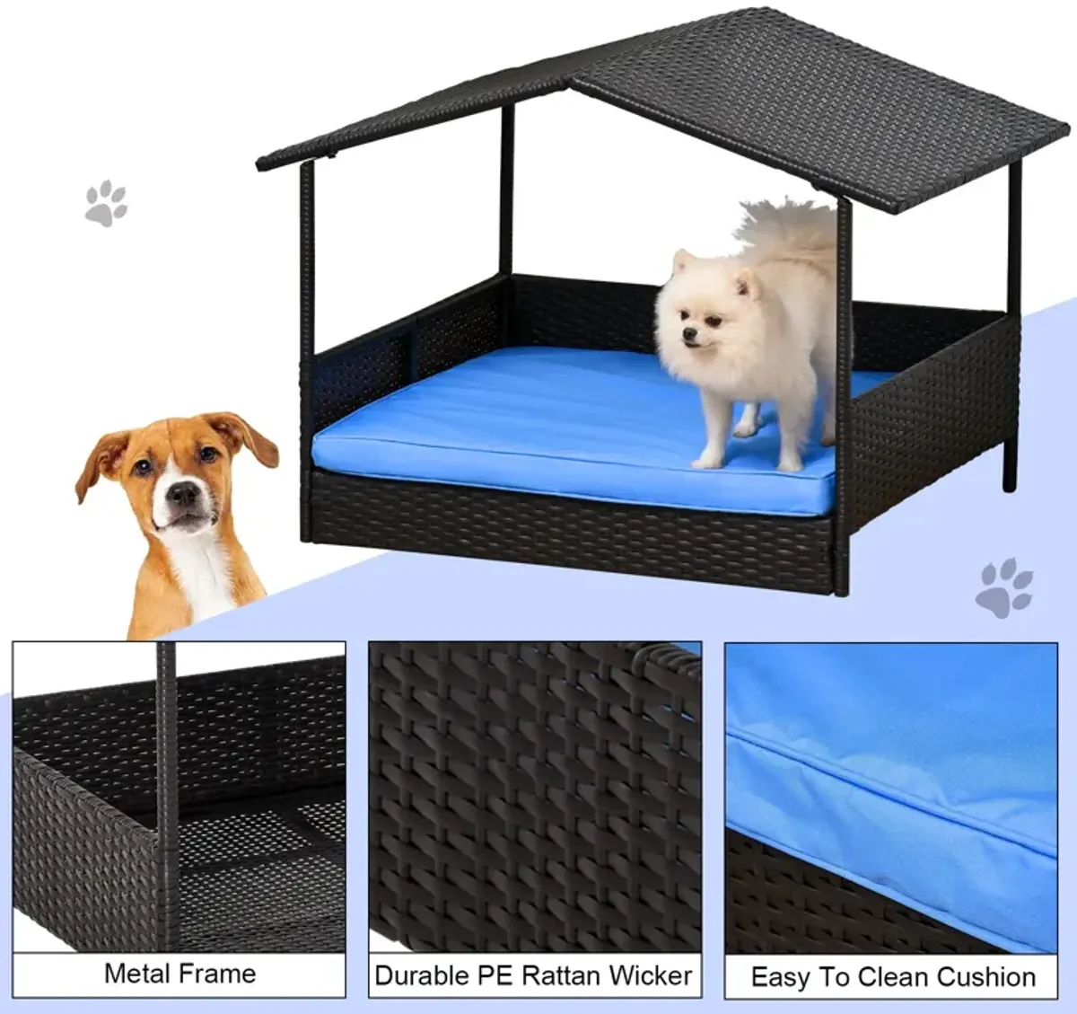 Blue Pet Lounger: Elevated Wicker Dog House with Removable Cushion