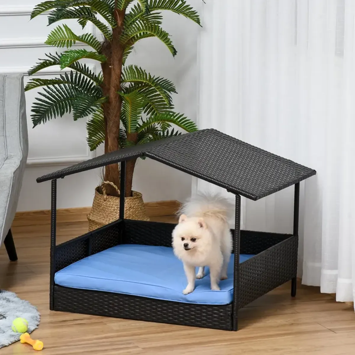 Blue Pet Lounger: Elevated Wicker Dog House with Removable Cushion