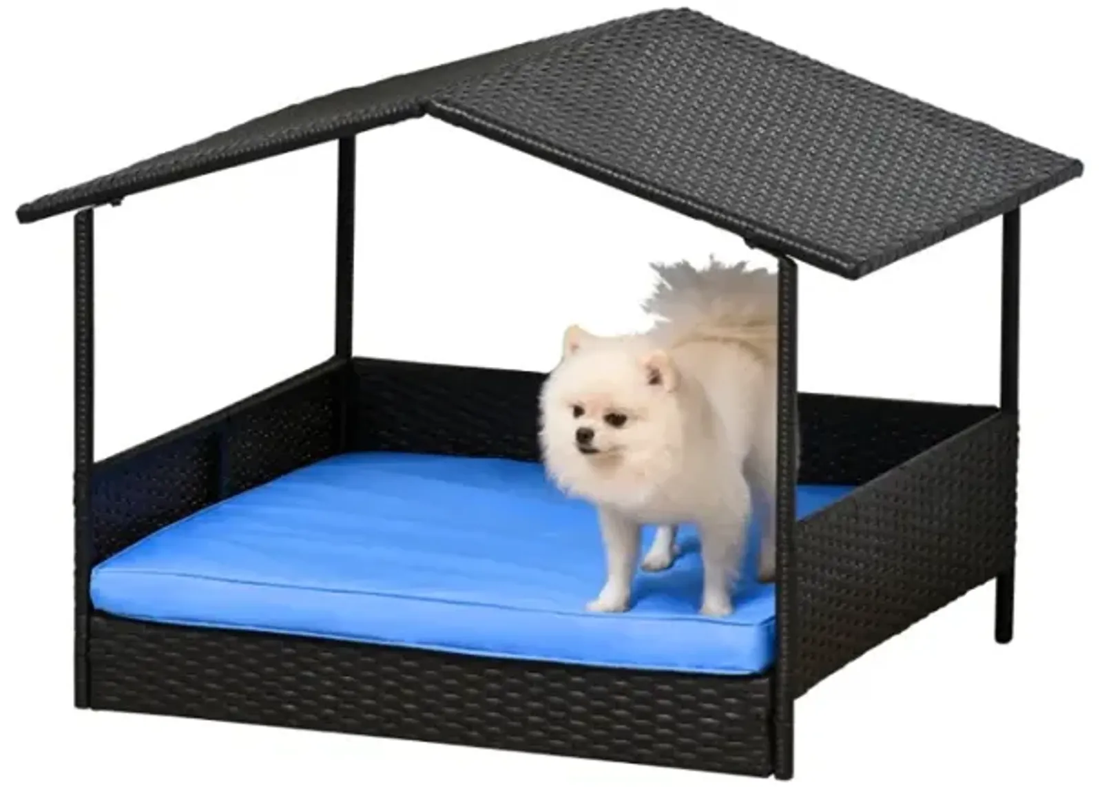 Blue Pet Lounger: Elevated Wicker Dog House with Removable Cushion