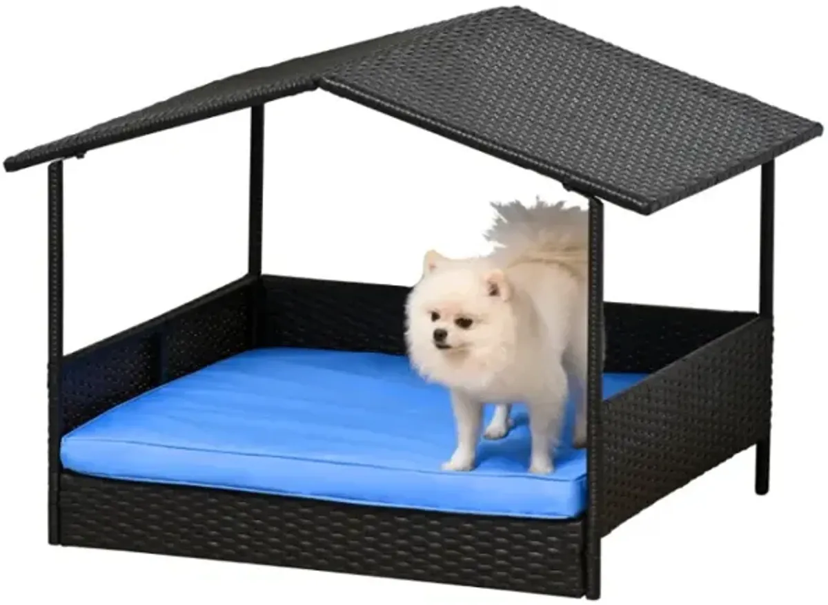 Blue Pet Lounger: Elevated Wicker Dog House with Removable Cushion