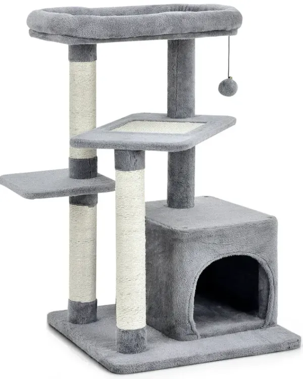 Cat Tree with Perch and Hanging Ball for Indoor Activity Play and Rest-Grey