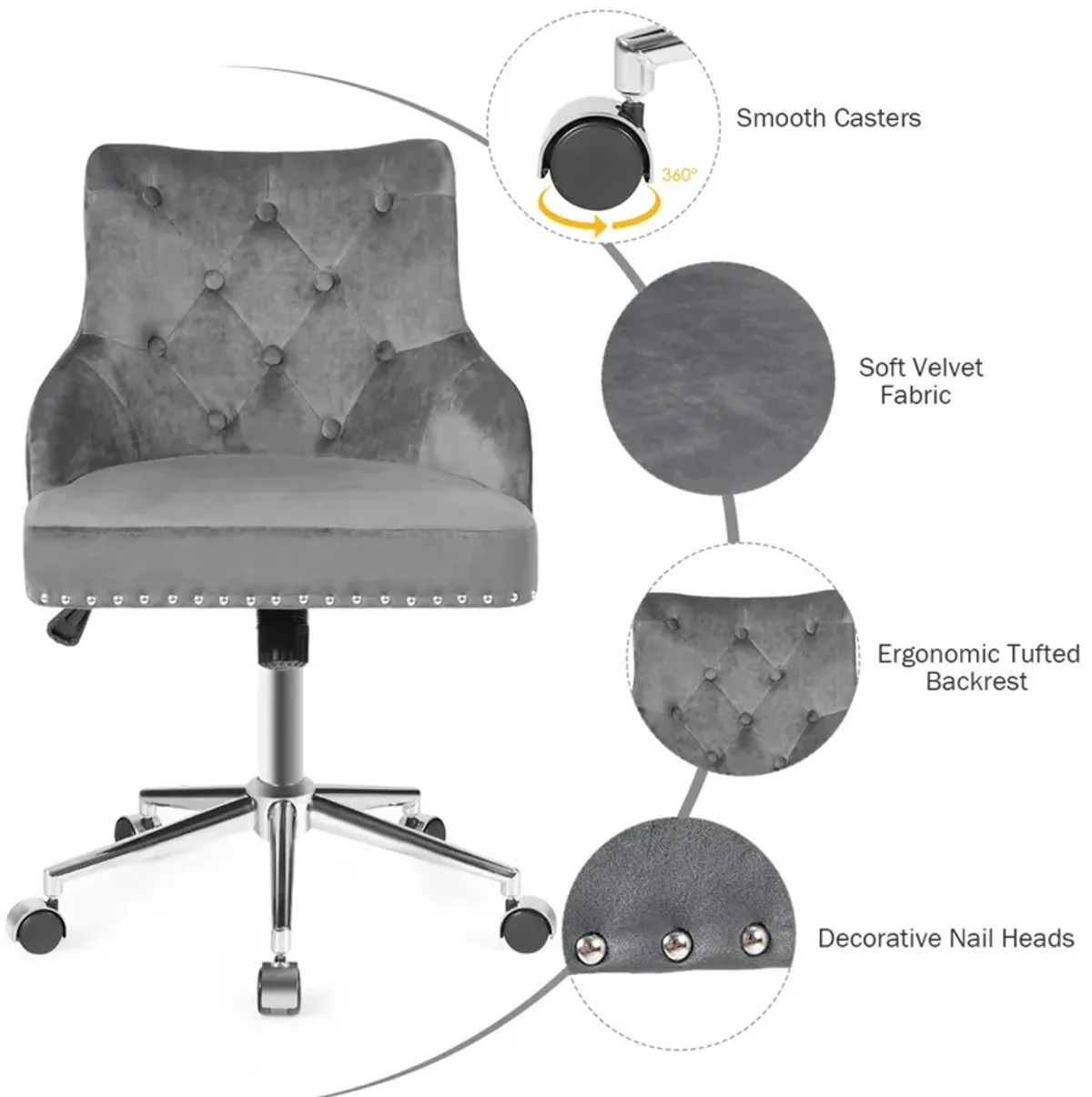 Costway Velvet Office Chair Tufted Upholstered Swivel Computer Desk Chair w/ Nailed Trim