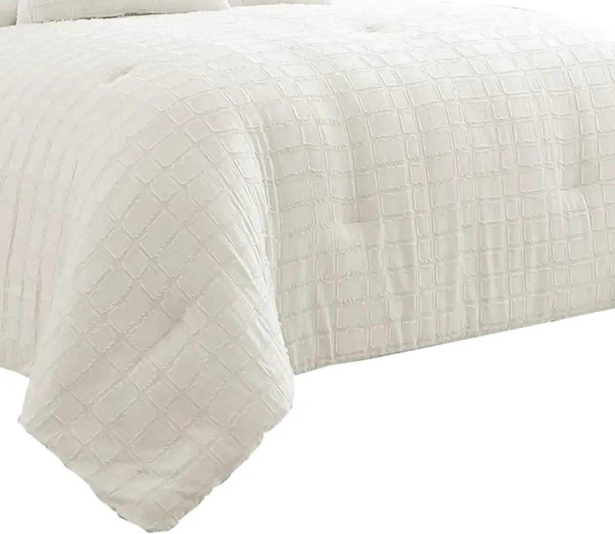 7 Piece Cotton Queen Comforter Set with Fringe Details, White-Benzara