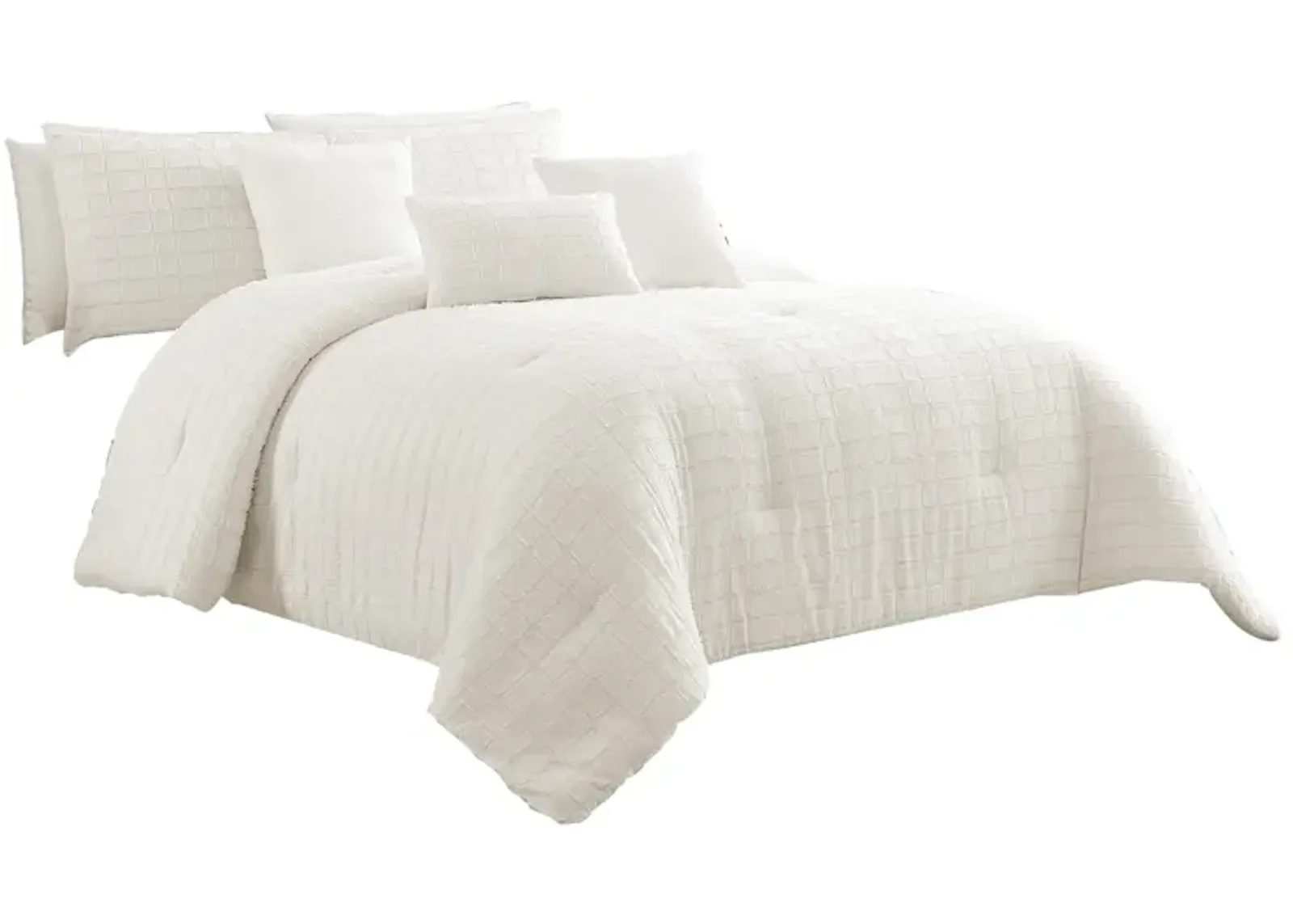 7 Piece Cotton Queen Comforter Set with Fringe Details, White-Benzara