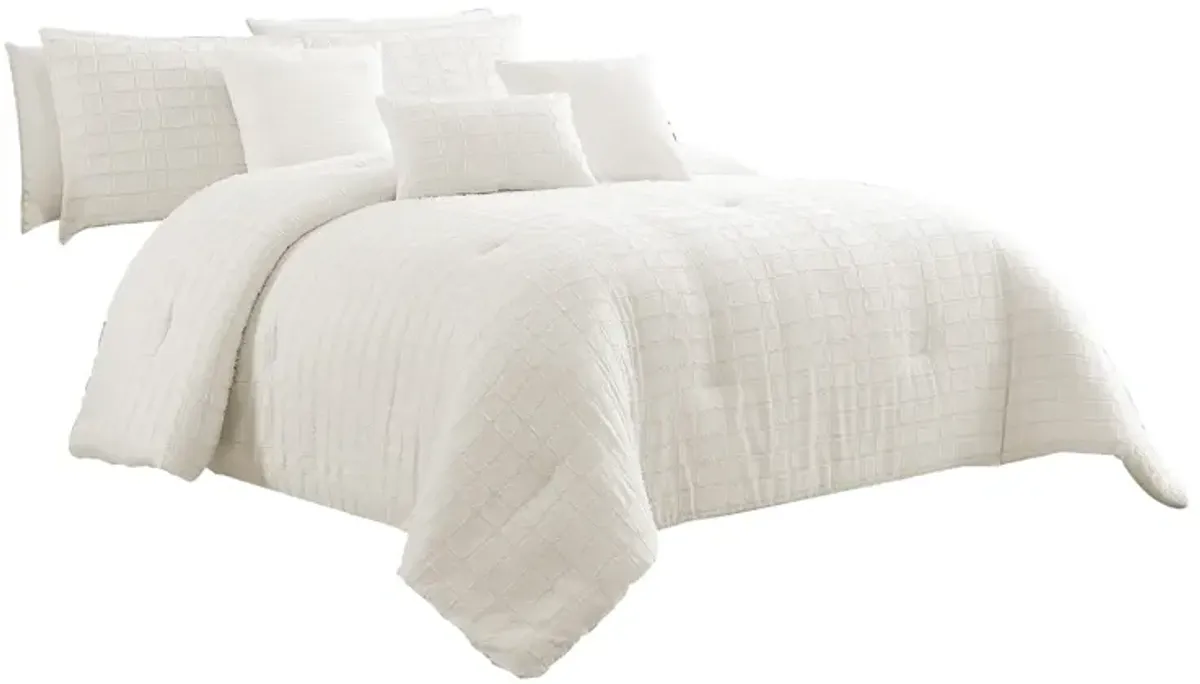 7 Piece Cotton Queen Comforter Set with Fringe Details, White-Benzara