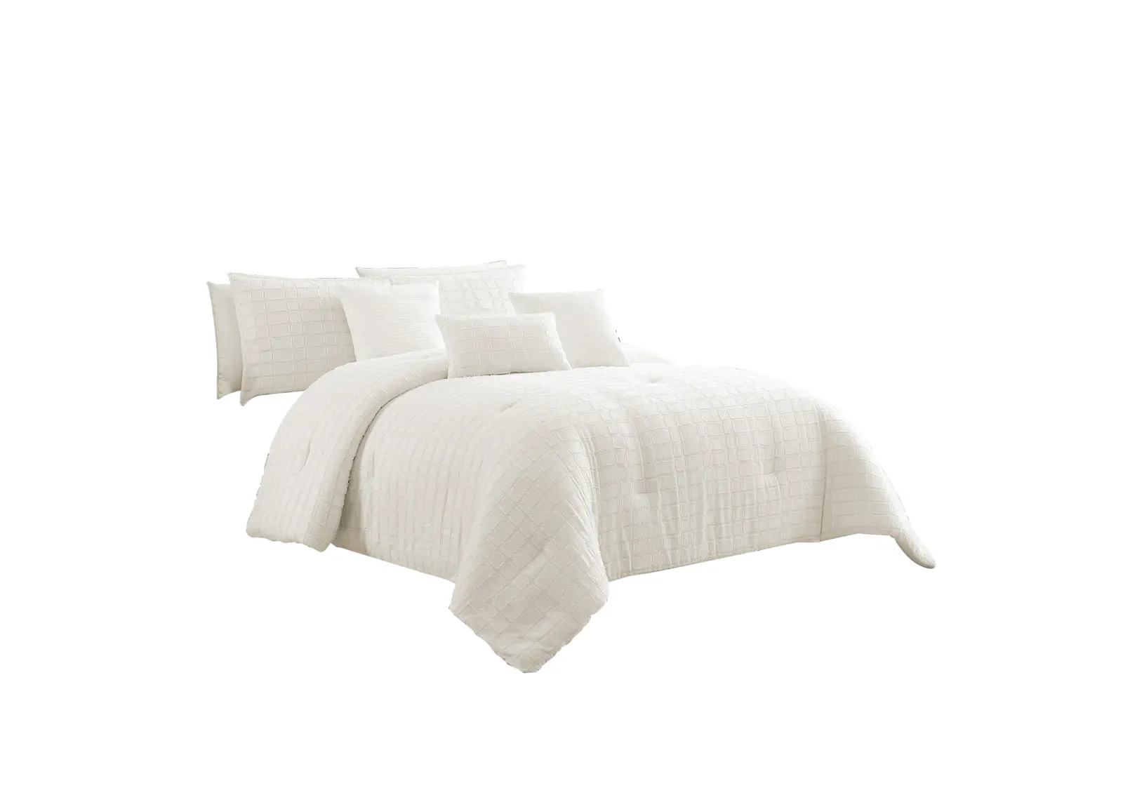 7 Piece Cotton Queen Comforter Set with Fringe Details, White-Benzara