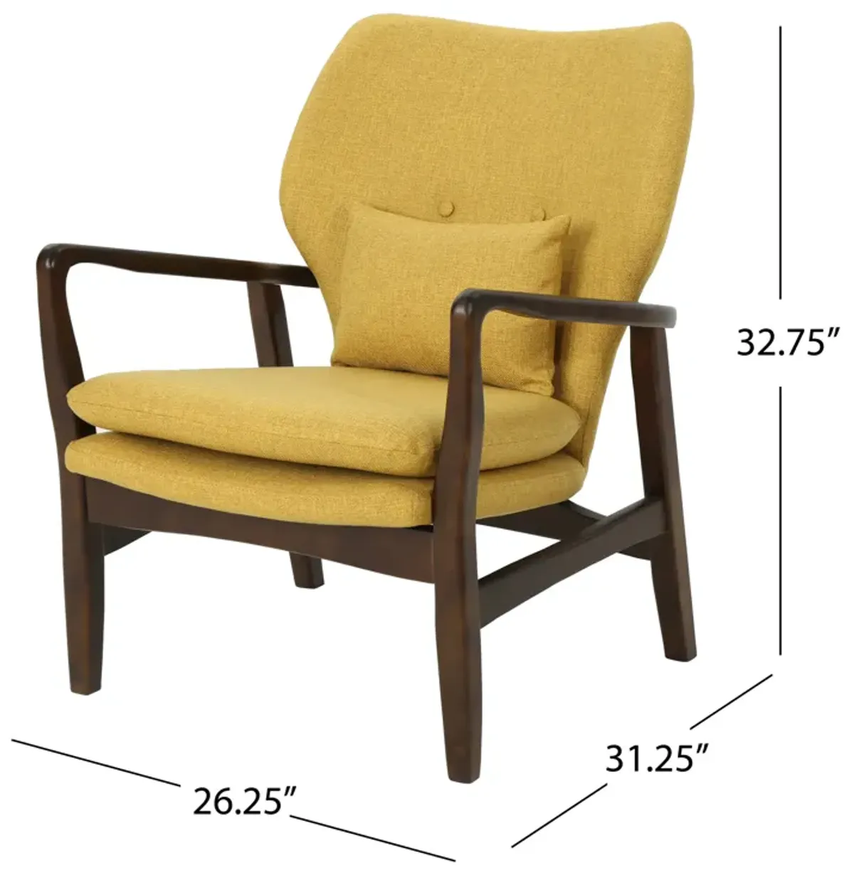 Keya Accent Chair, Mustard Yellow Fabric, Button Tufted Back, Accent Pillow - Benzara