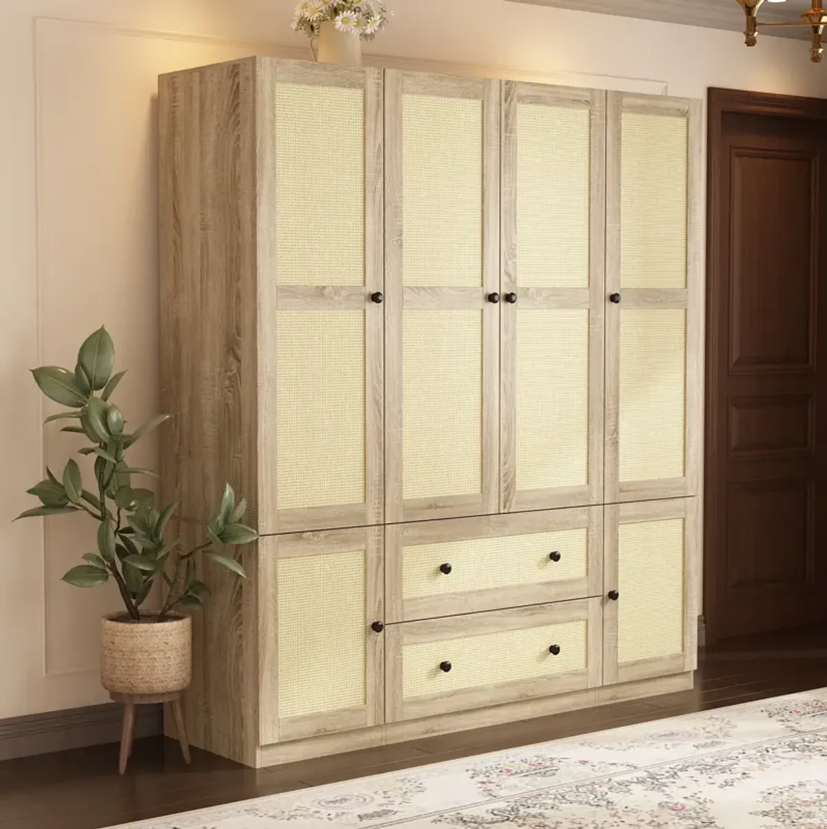 FUFU&GAGA Armoire with Rattan Design, Natural Oak Finish, (63" W x 18.9" D x 70.8" H),Yellow