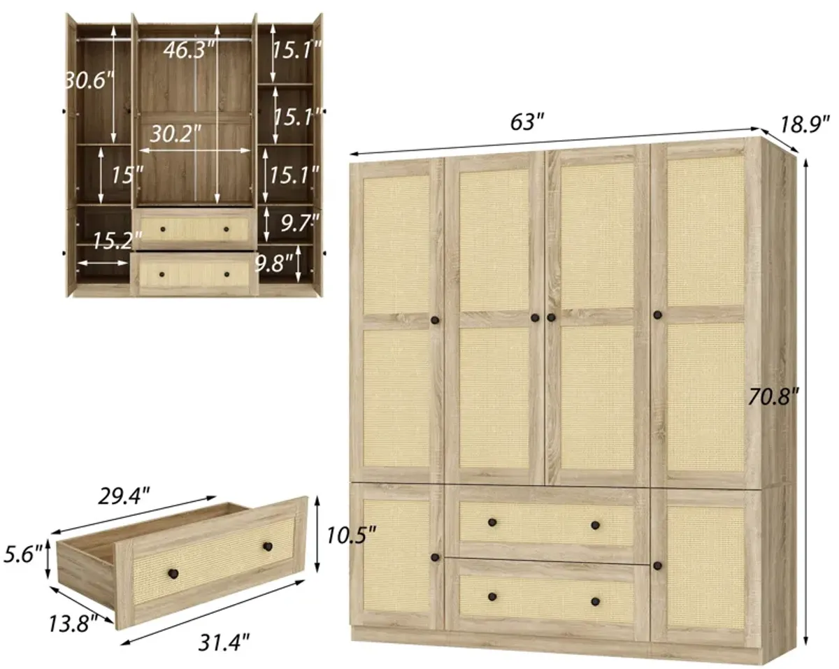 FUFU&GAGA Armoire with Rattan Design, Natural Oak Finish, (63" W x 18.9" D x 70.8" H),Yellow