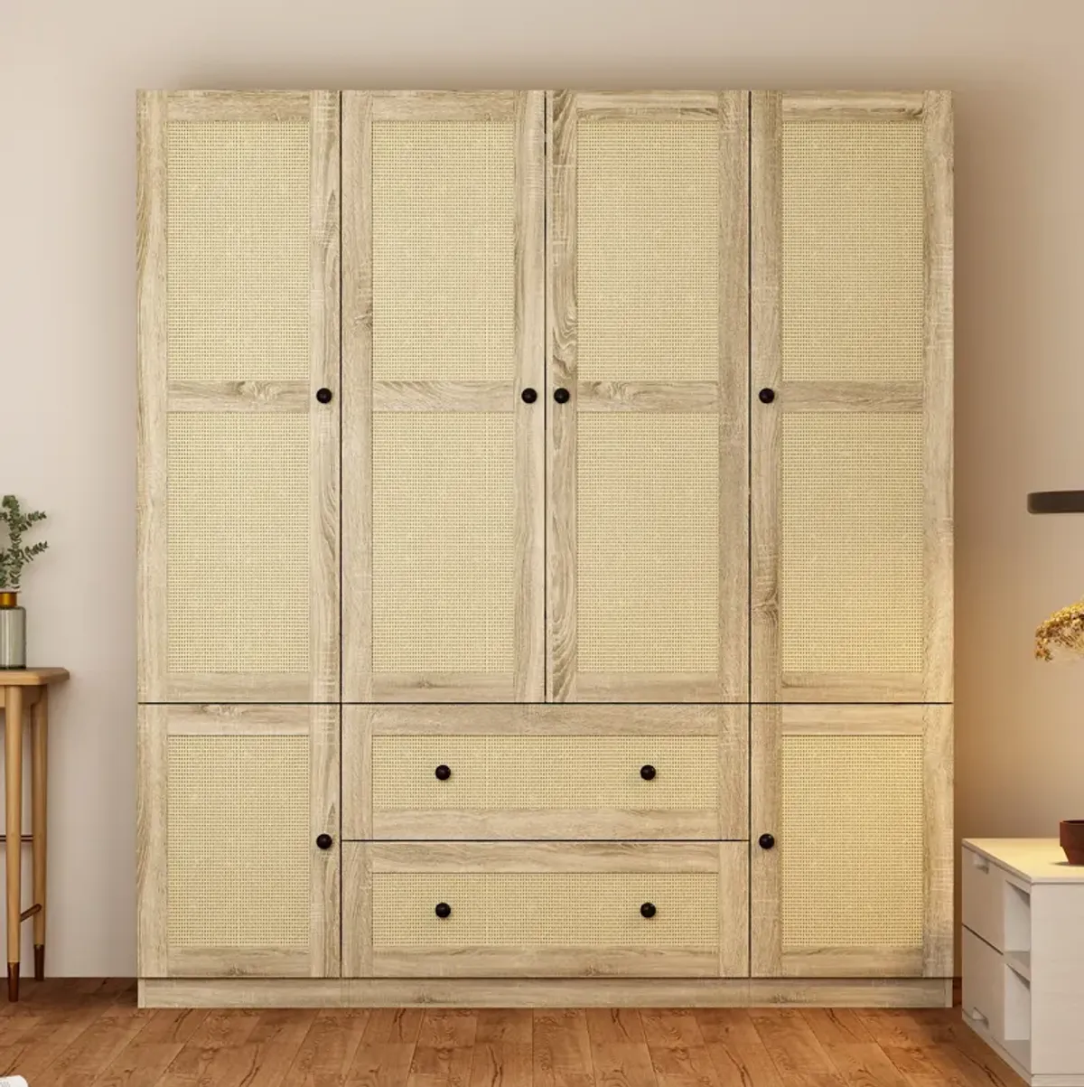 FUFU&GAGA Armoire with Rattan Design, Natural Oak Finish, (63" W x 18.9" D x 70.8" H),Yellow