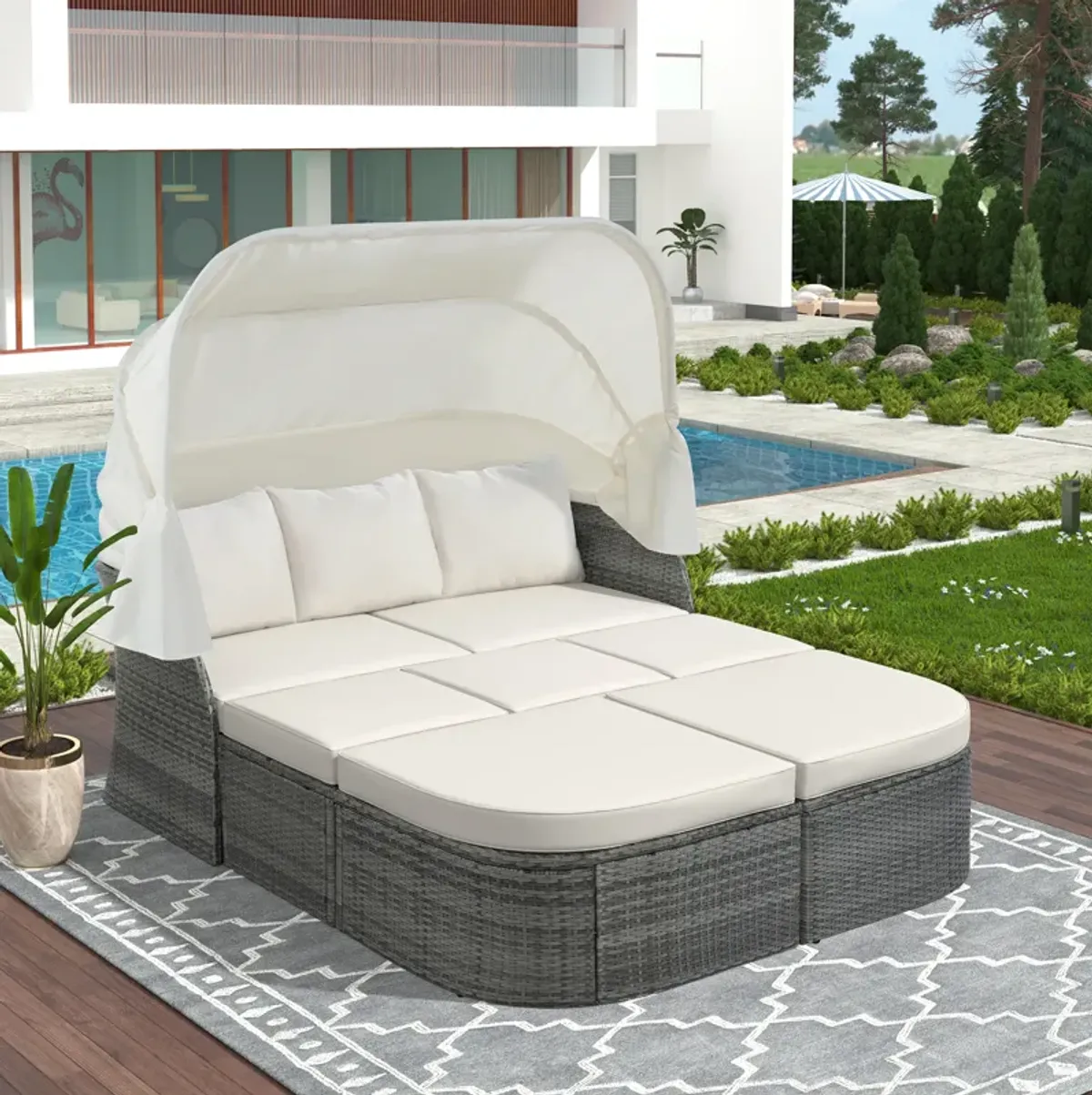 Merax Outdoor Patio Furniture Set Daybed Sunbed with Retractable Canopy Conversation Set Wicker Furniture