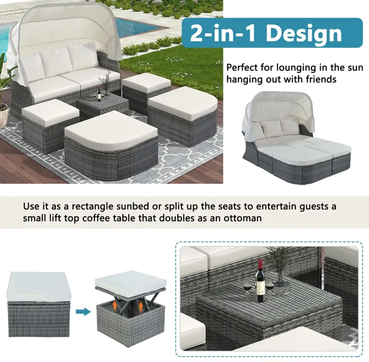 Merax Outdoor Patio Furniture Set Daybed Sunbed with Retractable Canopy Conversation Set Wicker Furniture