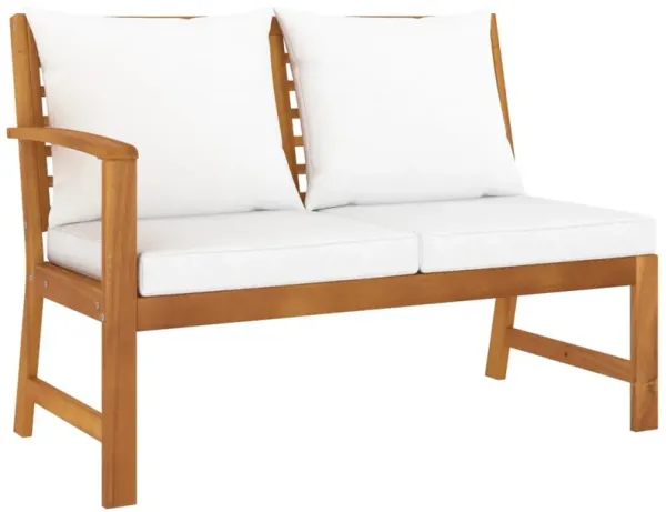 Patio Bench w White Cushions, Slatted Brown Solid Acacia Wood, 45 Inch - Benzara
