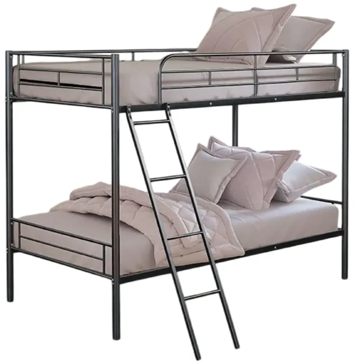 Cet Twin Over Twin Bunk Bed, Black Metal Frame, Attached Angled Ladder - Benzara