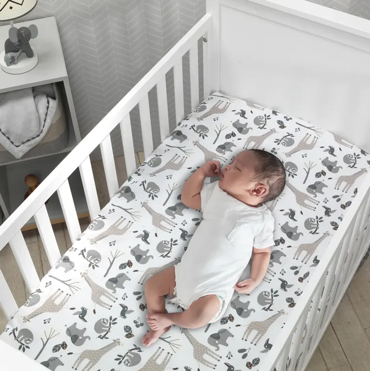 Lambs & Ivy Baby Jungle Animals White/Gray/Taupe Cotton Fitted Crib Sheet