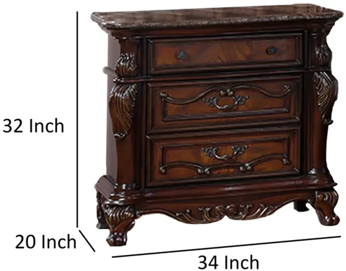 Venta Nightstand, 3 Drawers, Carved Details, Cherry Brown Solid Wood Frame