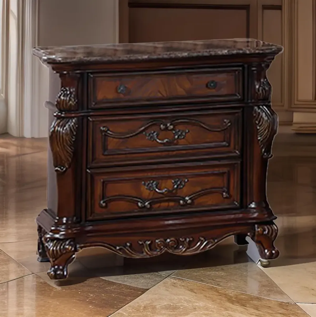 Venta Nightstand, 3 Drawers, Carved Details, Cherry Brown Solid Wood Frame