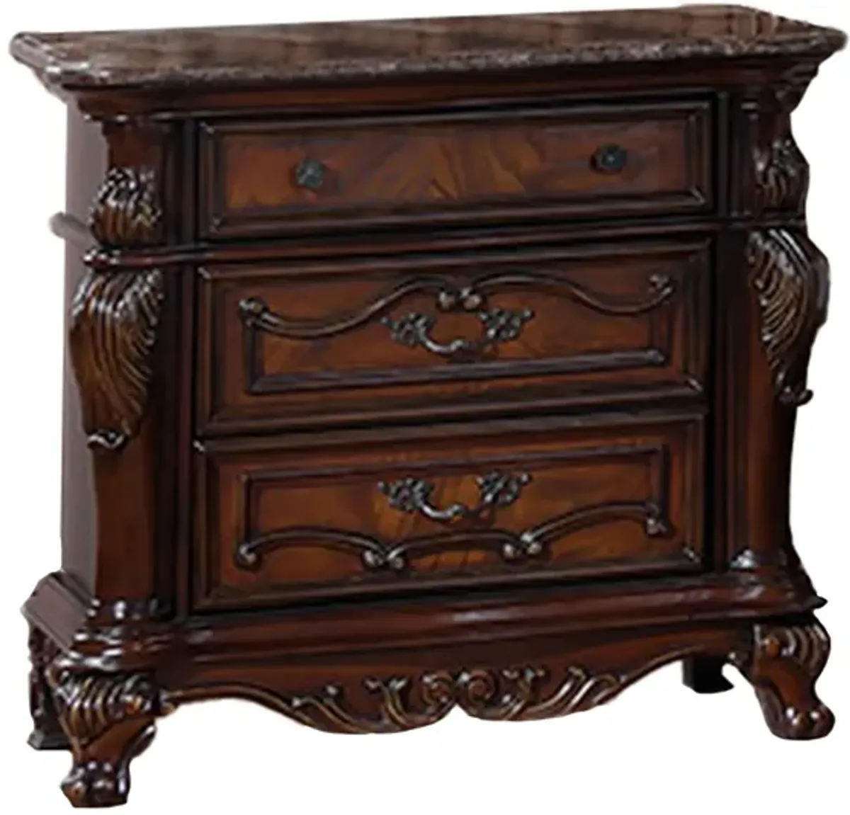 Venta Nightstand, 3 Drawers, Carved Details, Cherry Brown Solid Wood Frame