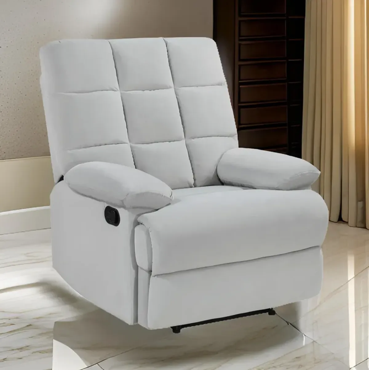 Patty 36 Inch Manual Recliner Chair, Cushioned, Light Gray Velvet, Wood - Benzara