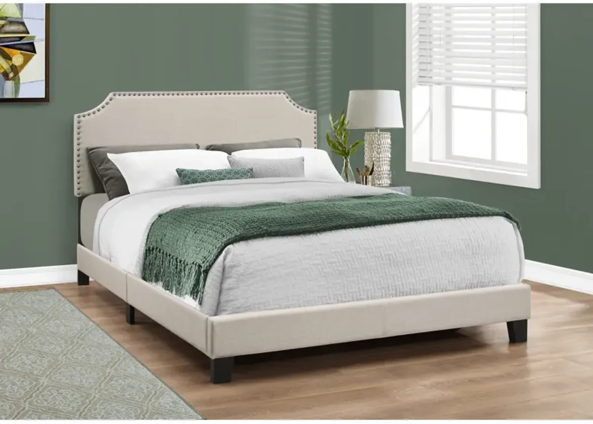 Monarch Specialties I 5926Q Bed, Queen Size, Platform, Bedroom, Frame, Upholstered, Linen Look, Beige, Black, Transitional