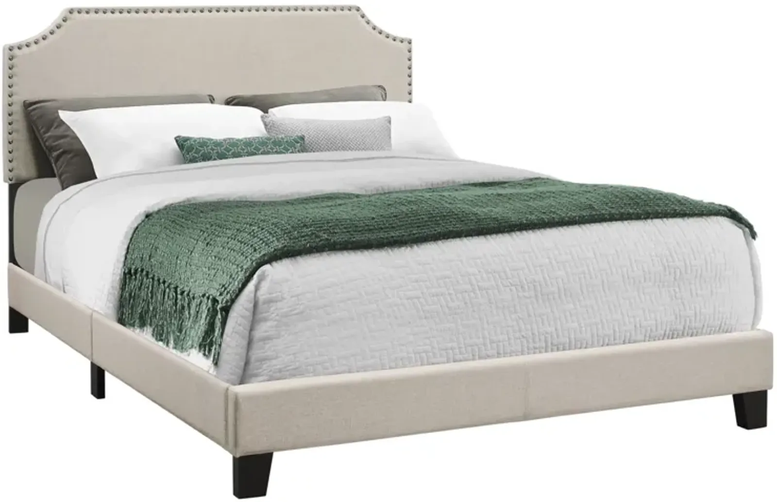 Monarch Specialties I 5926Q Bed, Queen Size, Platform, Bedroom, Frame, Upholstered, Linen Look, Beige, Black, Transitional