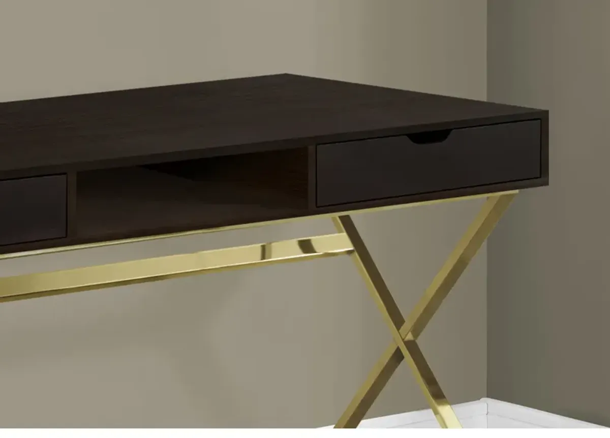 Monarch Specialties I 7210 Computer Desk, Home Office, Laptop, Storage Drawers, 48"L, Work, Metal, Laminate, Brown, Gold, Contemporary, Modern