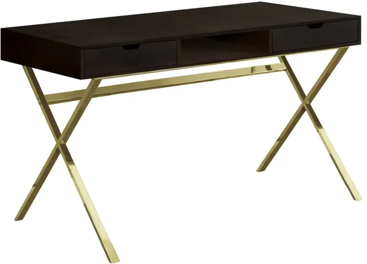 Monarch Specialties I 7210 Computer Desk, Home Office, Laptop, Storage Drawers, 48"L, Work, Metal, Laminate, Brown, Gold, Contemporary, Modern