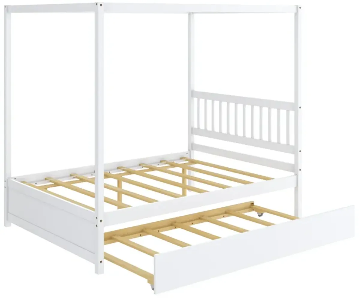 Full Size Canopy Bed with Trundle Wooden Platform Bed Frame Headboard