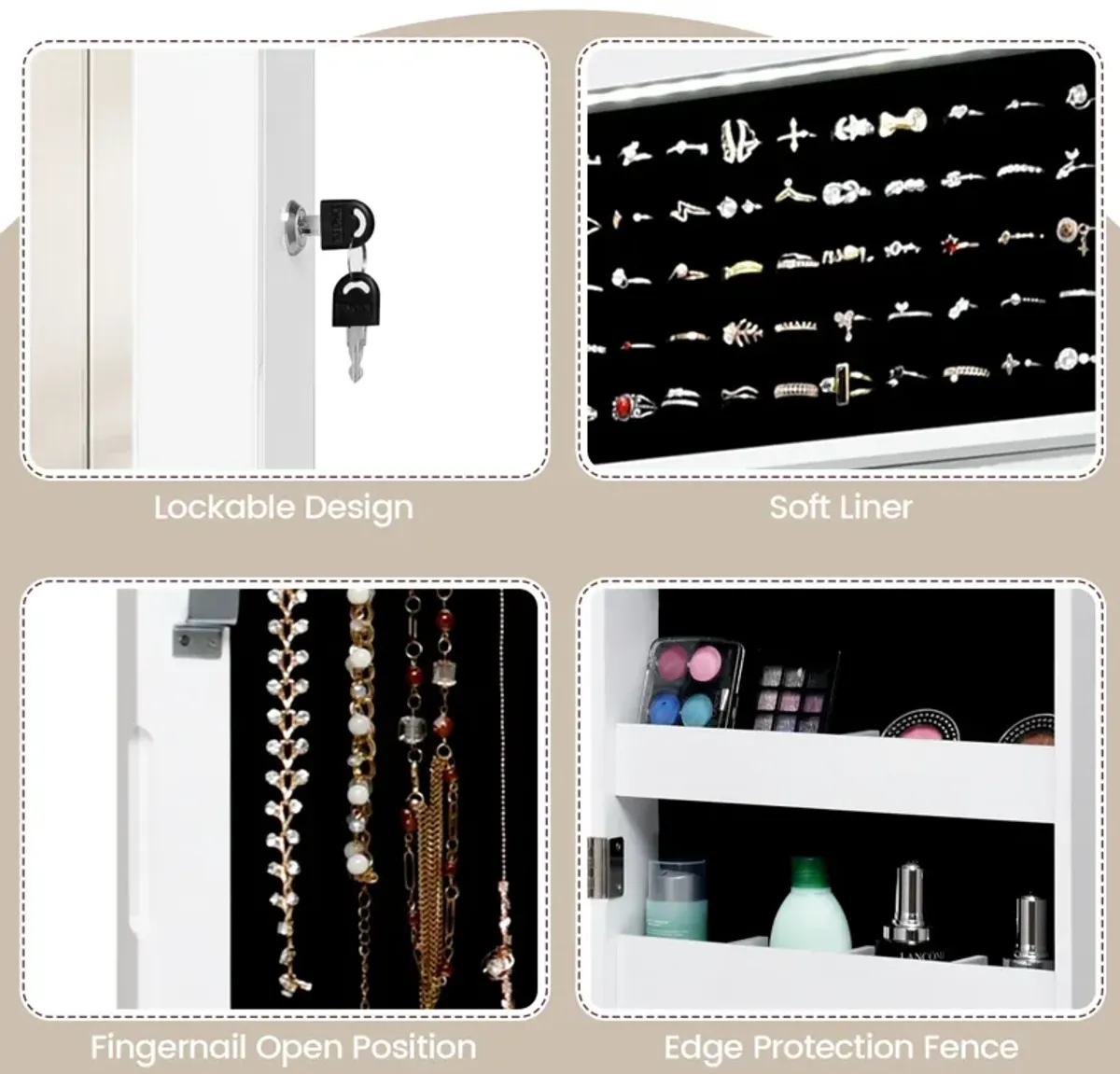 Lockable Wall Door Mounted Mirror Jewelry Cabinet w/LED Lights