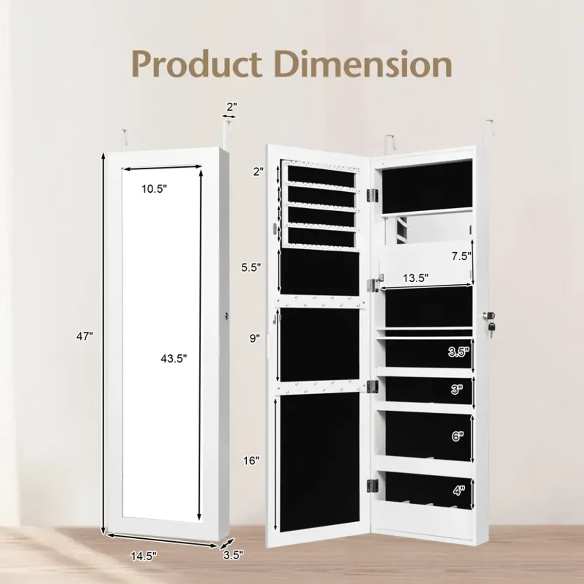 Lockable Wall Door Mounted Mirror Jewelry Cabinet w/LED Lights