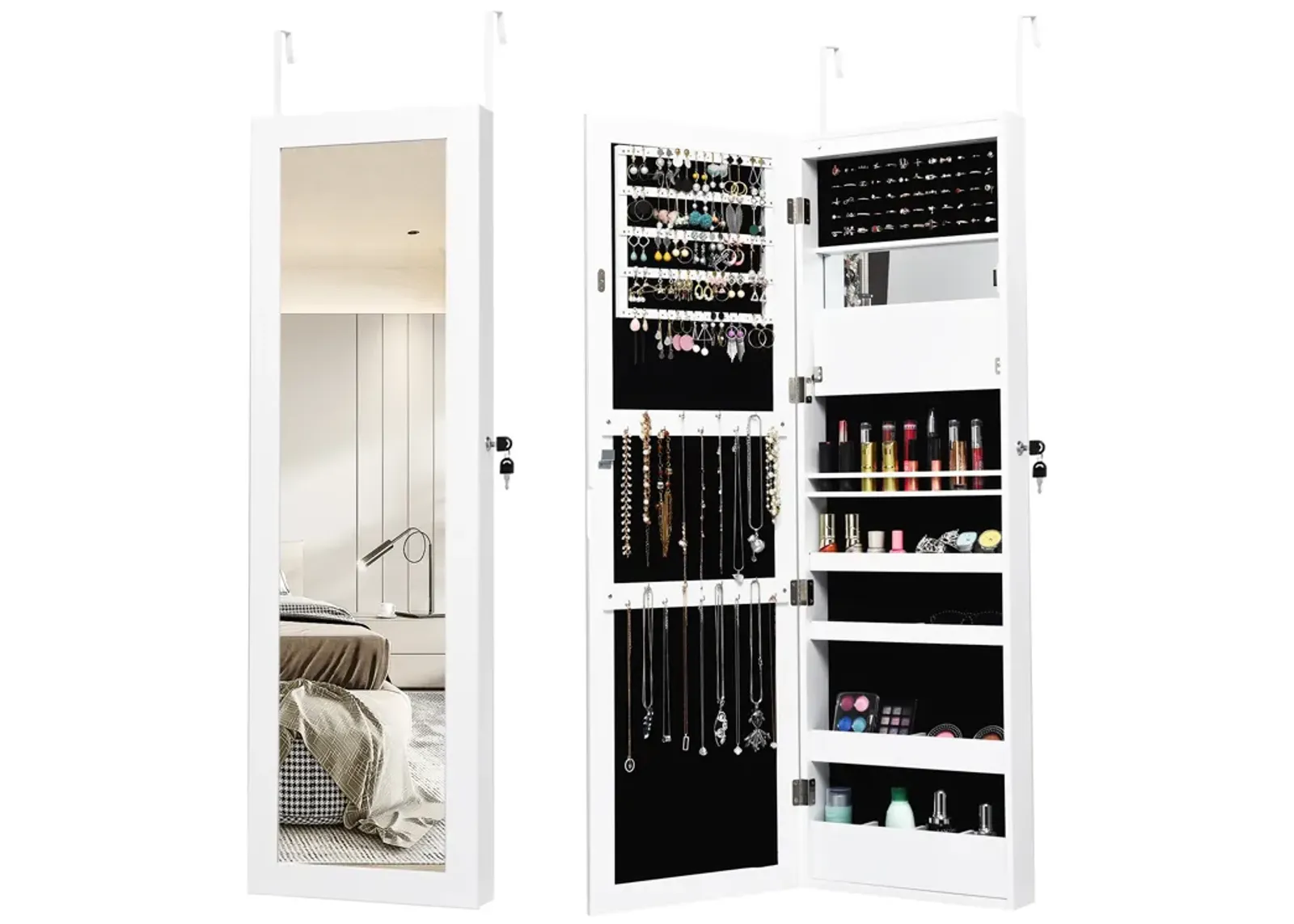 Lockable Wall Door Mounted Mirror Jewelry Cabinet w/LED Lights