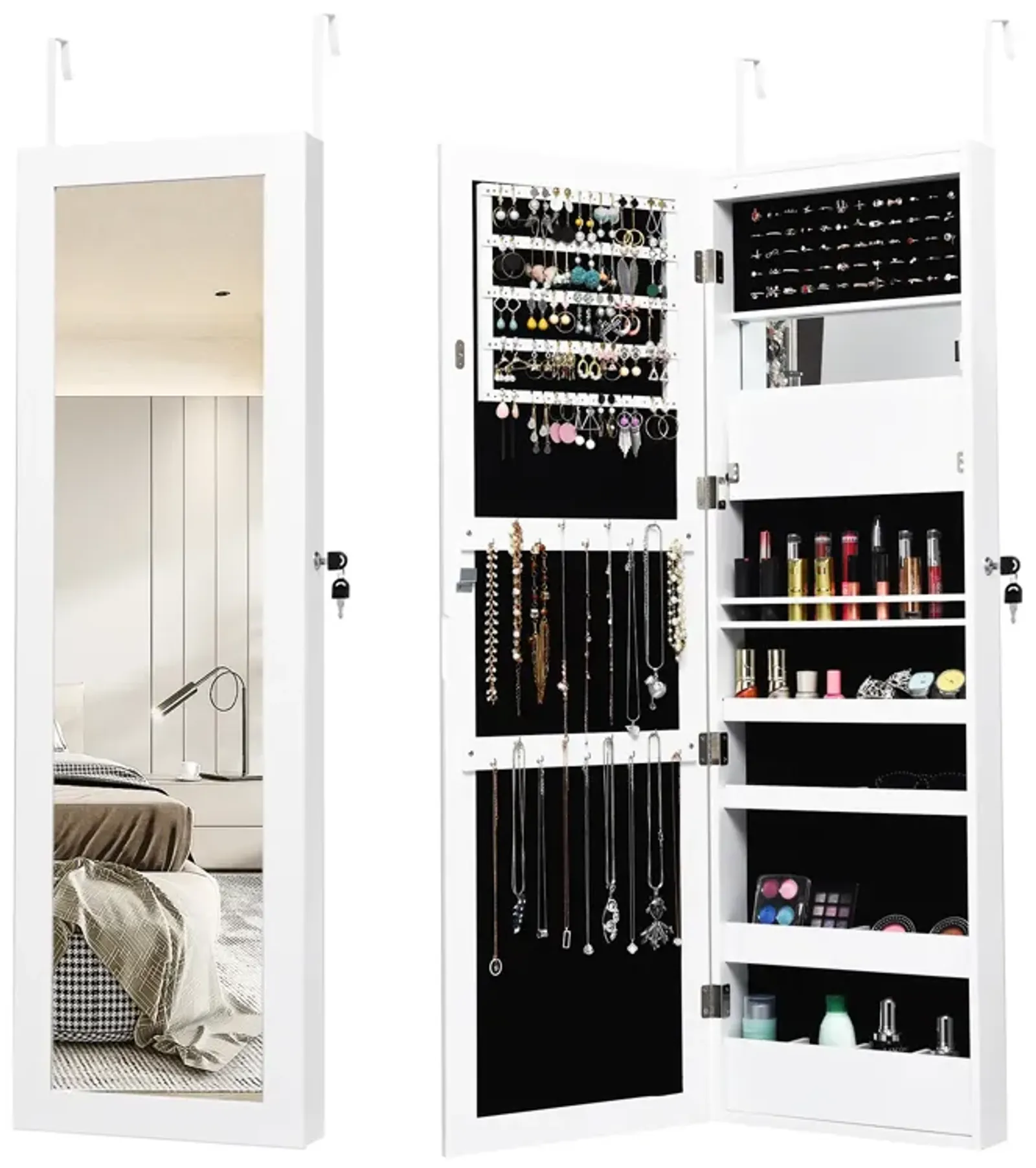 Lockable Wall Door Mounted Mirror Jewelry Cabinet w/LED Lights