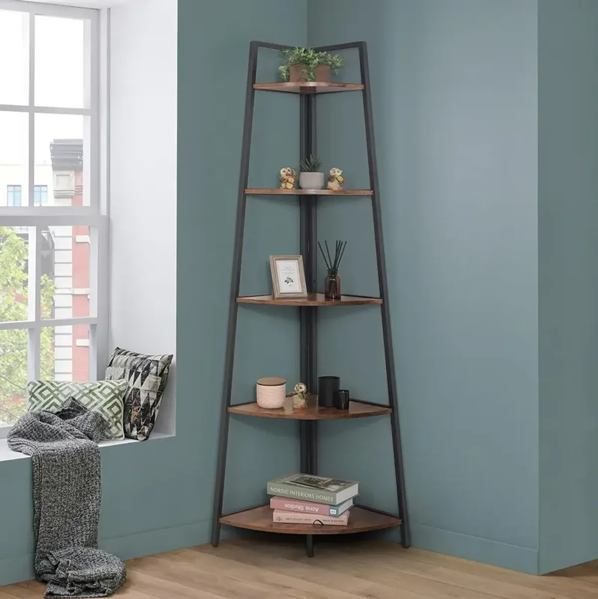 Tall Corner Shelf Stand, 5-Tier Display Shelves, Ladder Corner Wood Storage Plant Bookshelf with Metal Frame, Versatile Shelving Unit Bookcase for Home Office Space, Rustic Brown