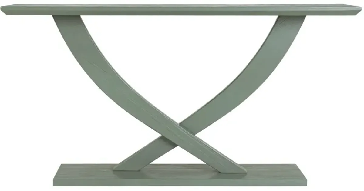 Rase 57 Inch Console Table, Cross Leg Design, Pedestal Base, Gray Green - Benzara