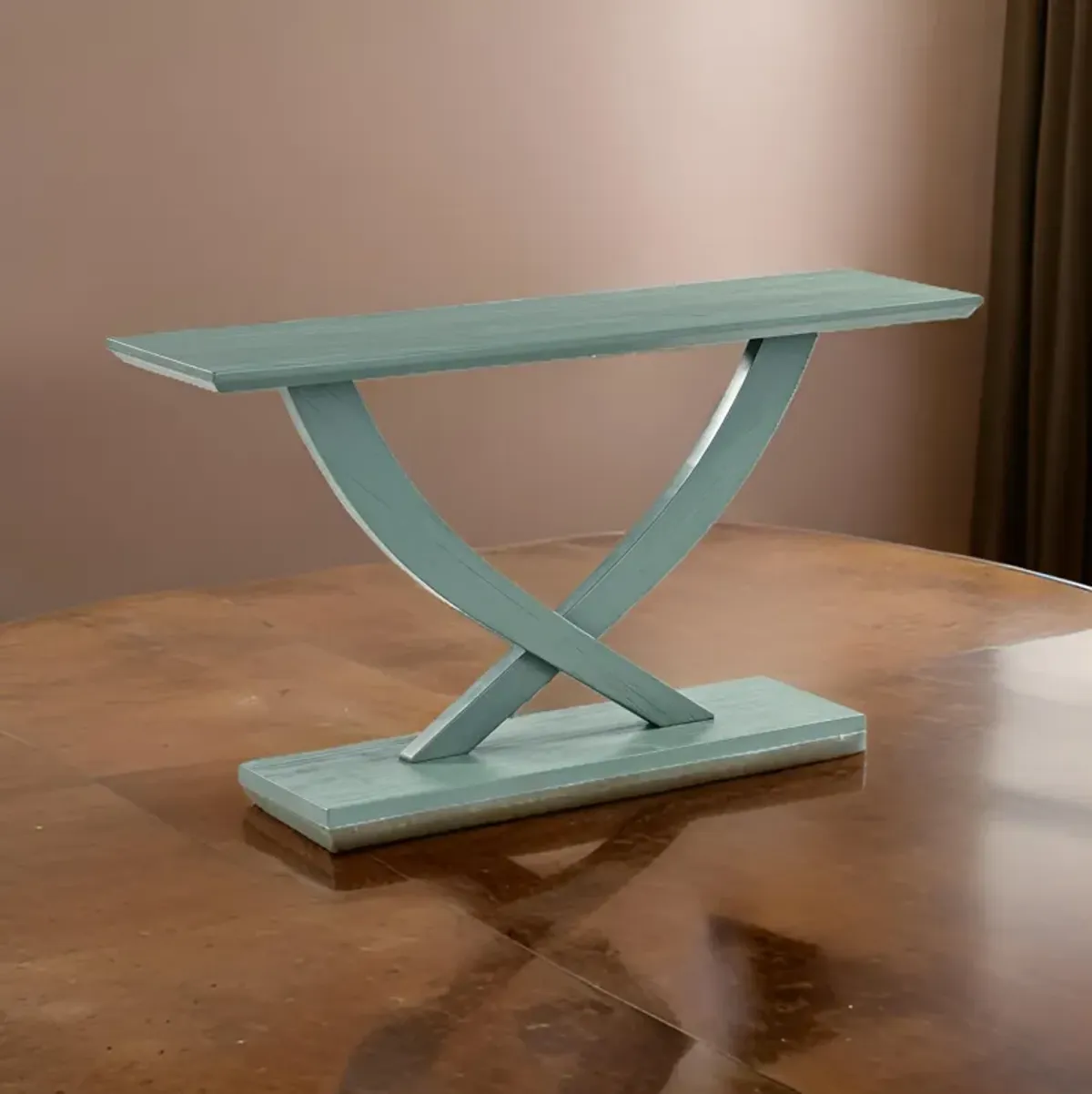 Rase 57 Inch Console Table, Cross Leg Design, Pedestal Base, Gray Green - Benzara