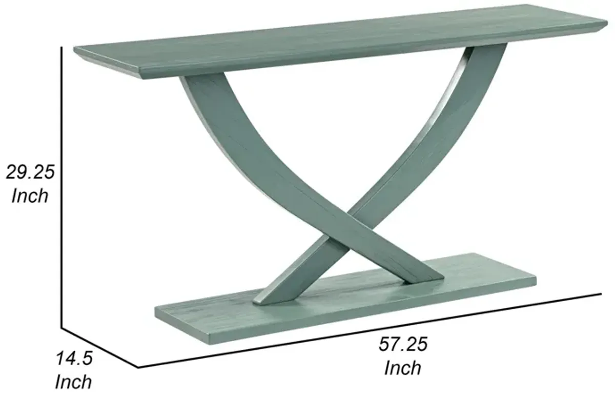 Rase 57 Inch Console Table, Cross Leg Design, Pedestal Base, Gray Green - Benzara